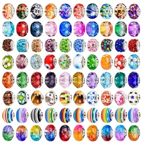 120 Pieces Assorted European Craft Beads Large Hole Lampwork Spacer Beads Colorful European Beads for DIY Necklace Bracelet Jewelry Making (Abstract flower)