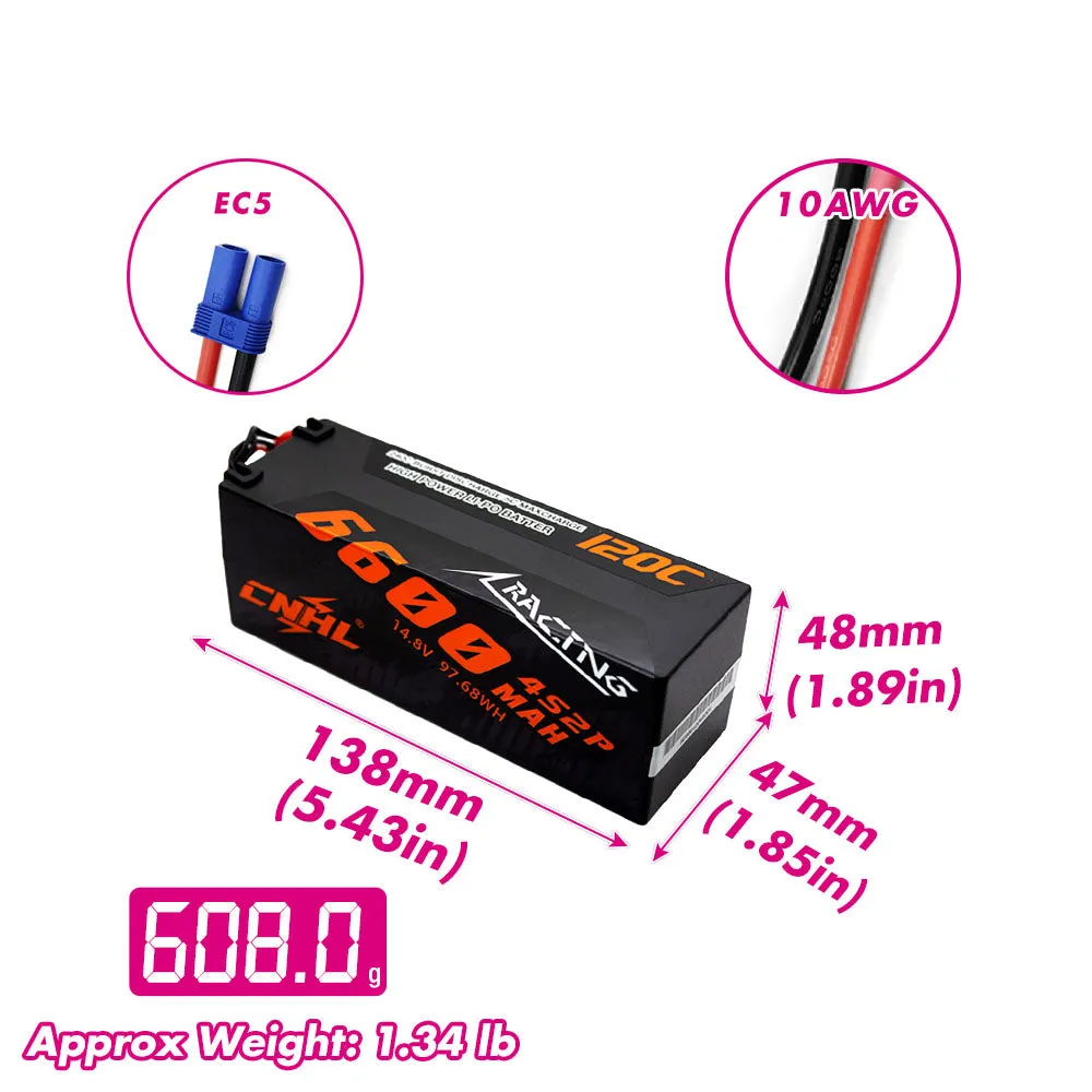 2 Packs CNHL Racing Series 6600mAh 14.8V 4S 120C Hard Case Lipo Battery with EC5 Plug - CA Warehouse