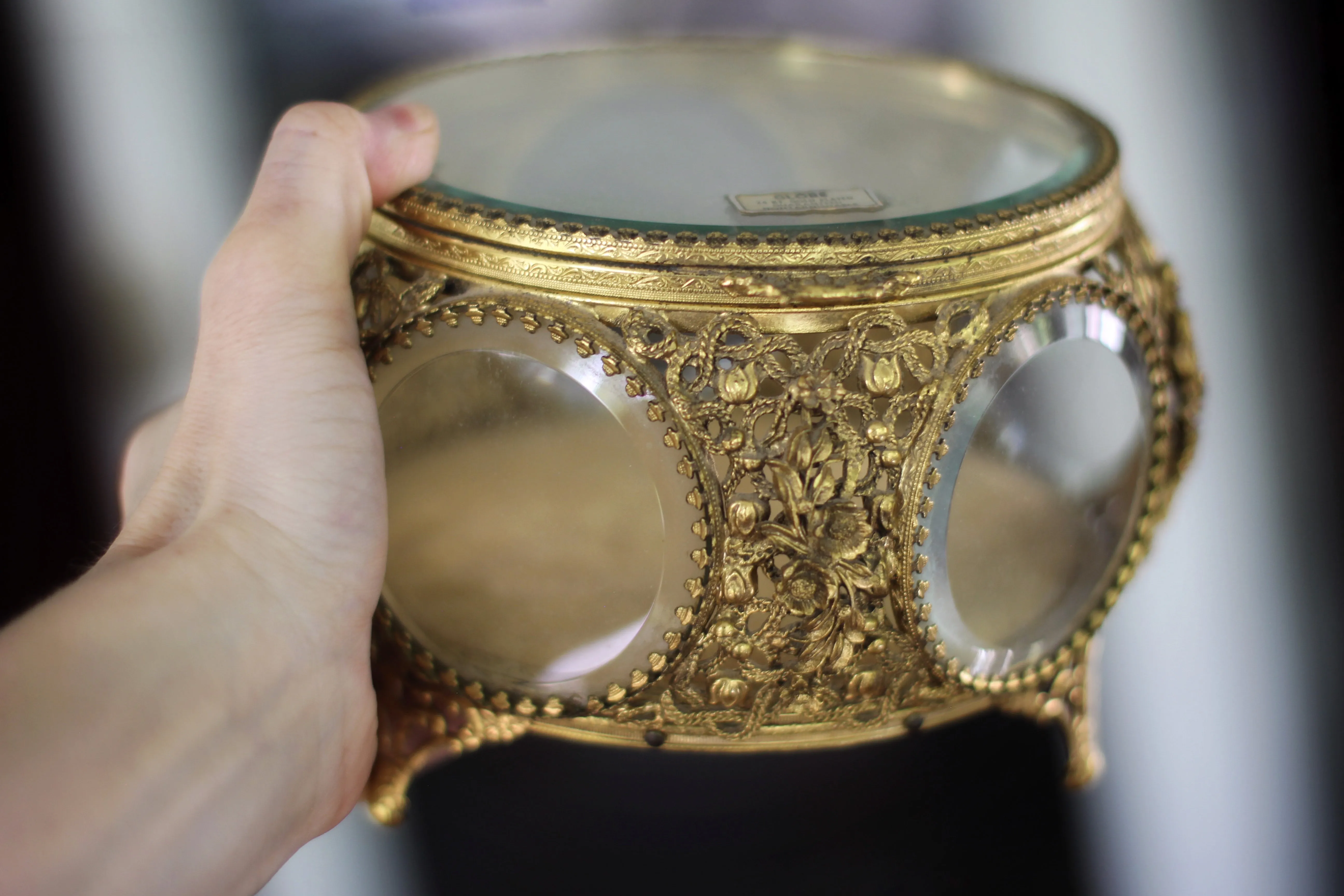 Antique Floral Rounded Glass Bronze Filigree Jewelry Box