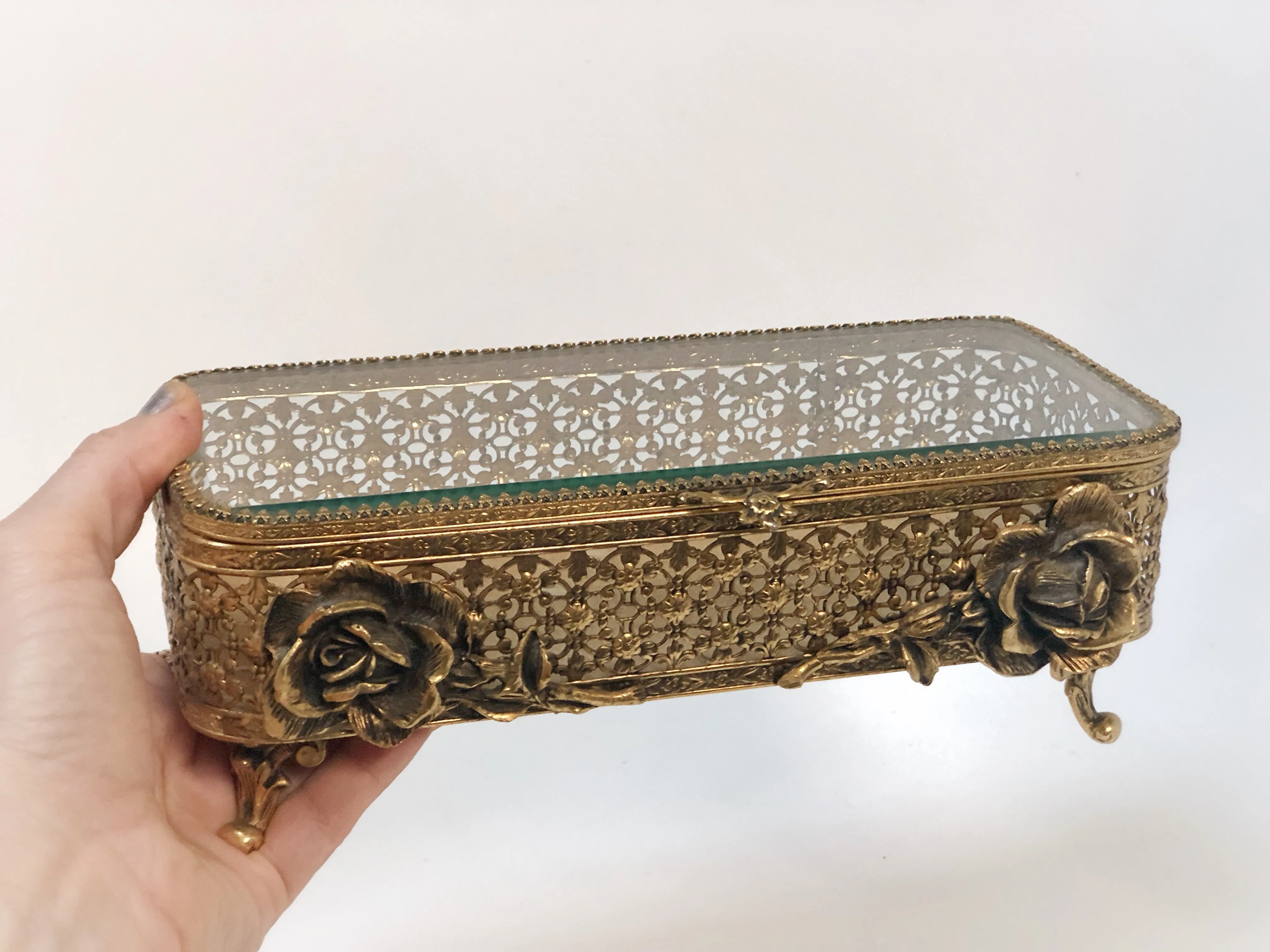 Antique Large Floral Beveled Glass Jewelry Box