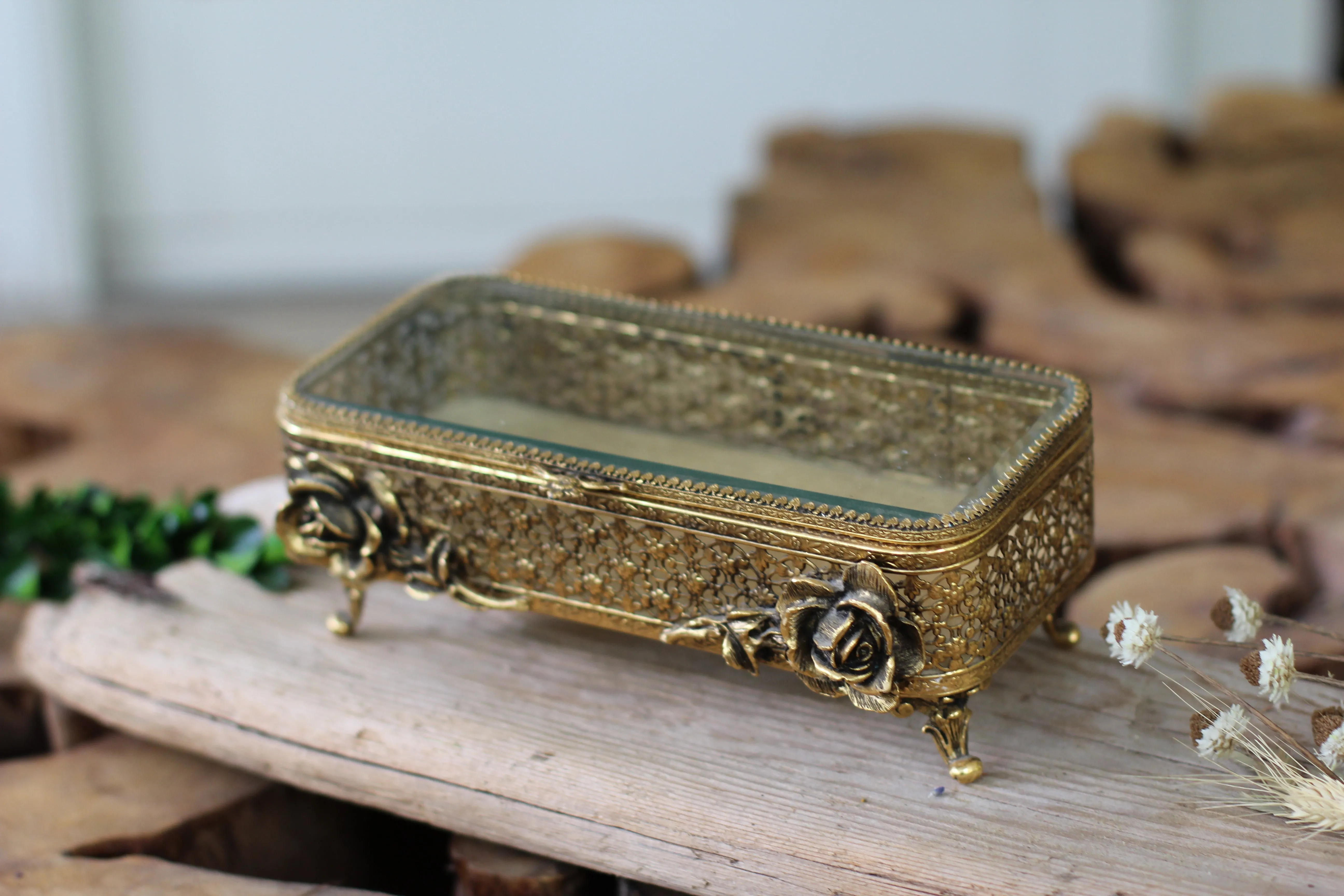 Antique Large Floral Beveled Glass Jewelry Box