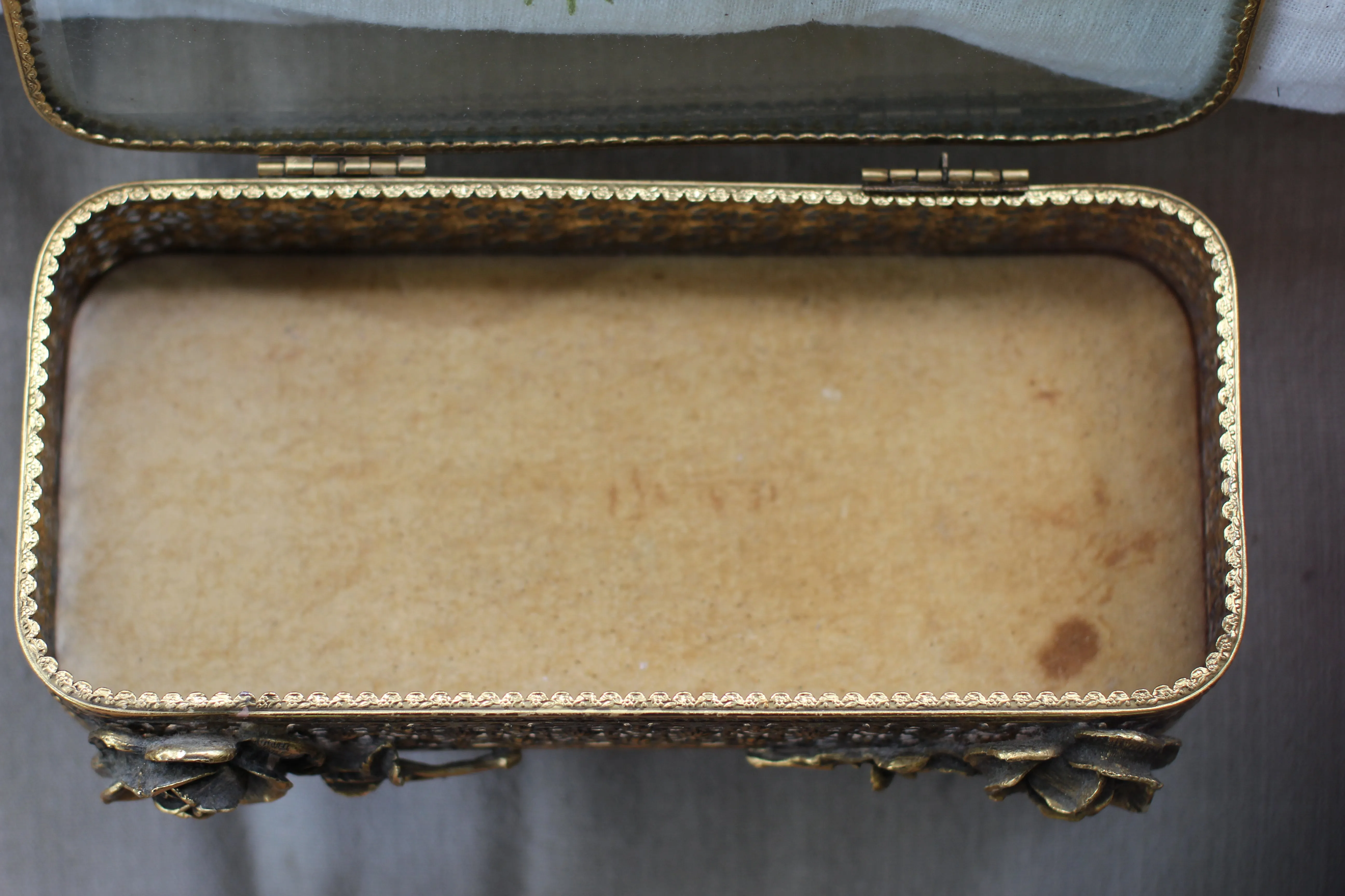 Antique Large Floral Beveled Glass Jewelry Box