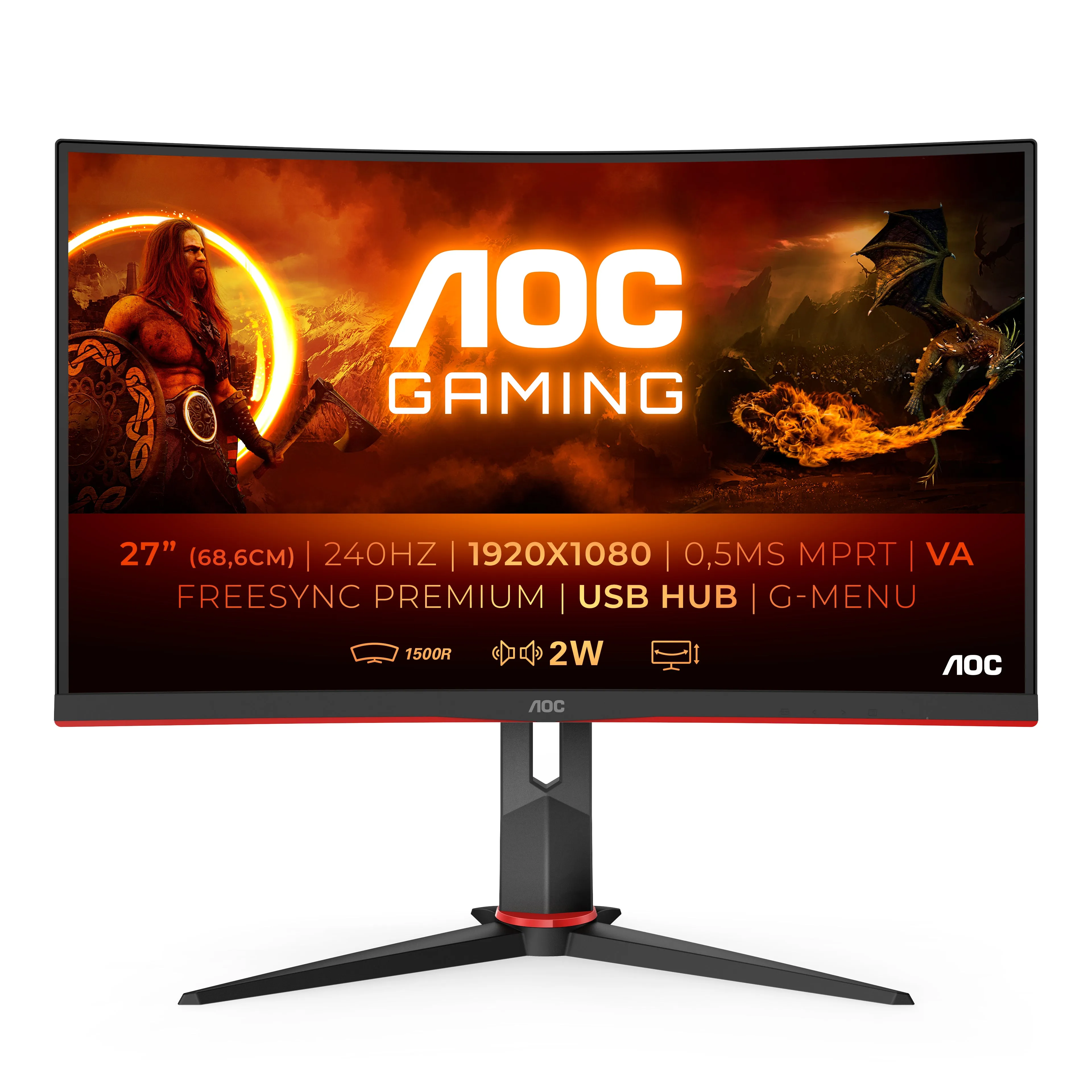 Aoc Gaming C27g2zu/Bk - Led Monitor - Gaming - Curved - 27" - 1920 X 1080 Full Hd (1080P) @ 240 Hz - Va - 300 Cd/M� - 30