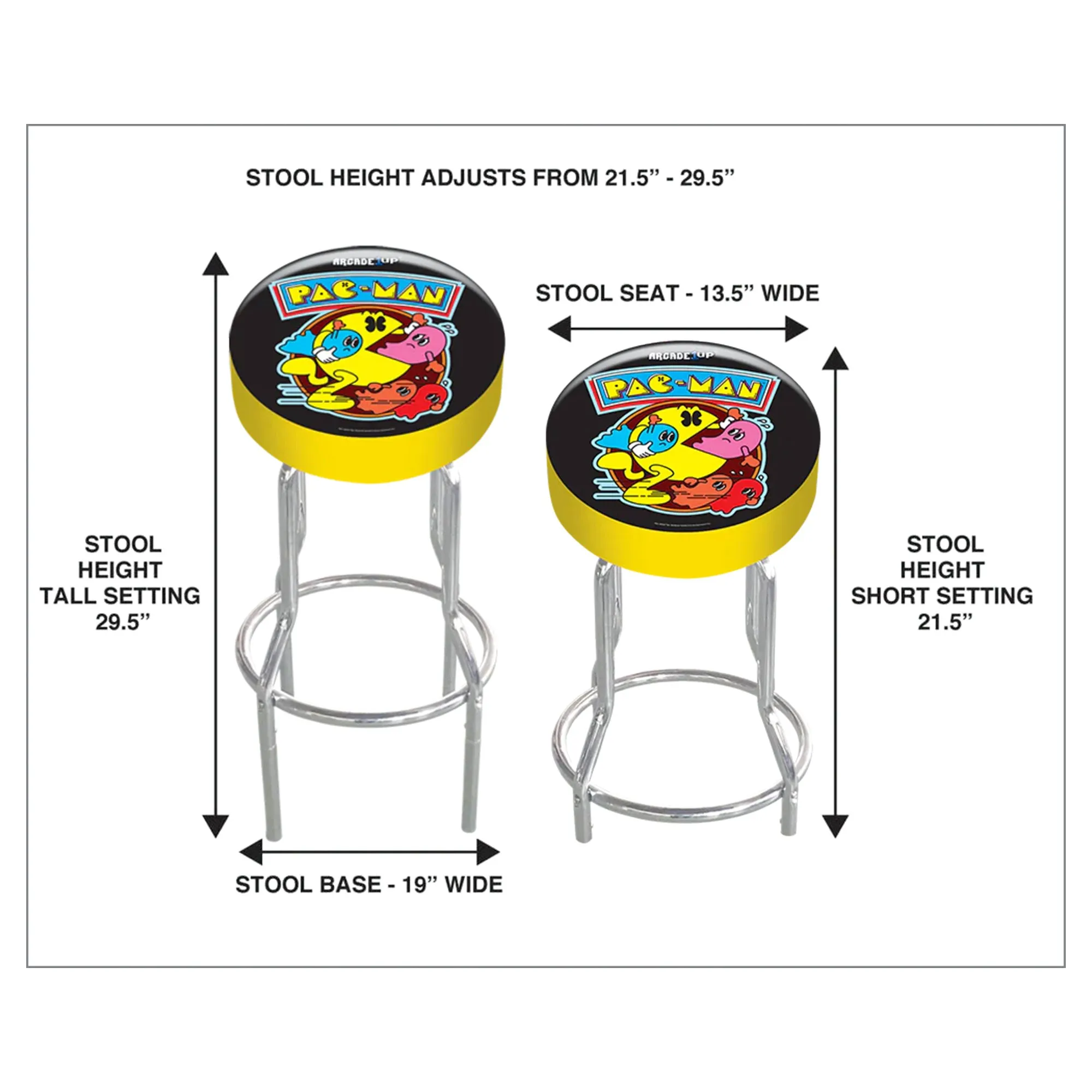 Arcade1Up Pac-Man Adjustable Padded Video Game Chair Stool with Leg Extenders