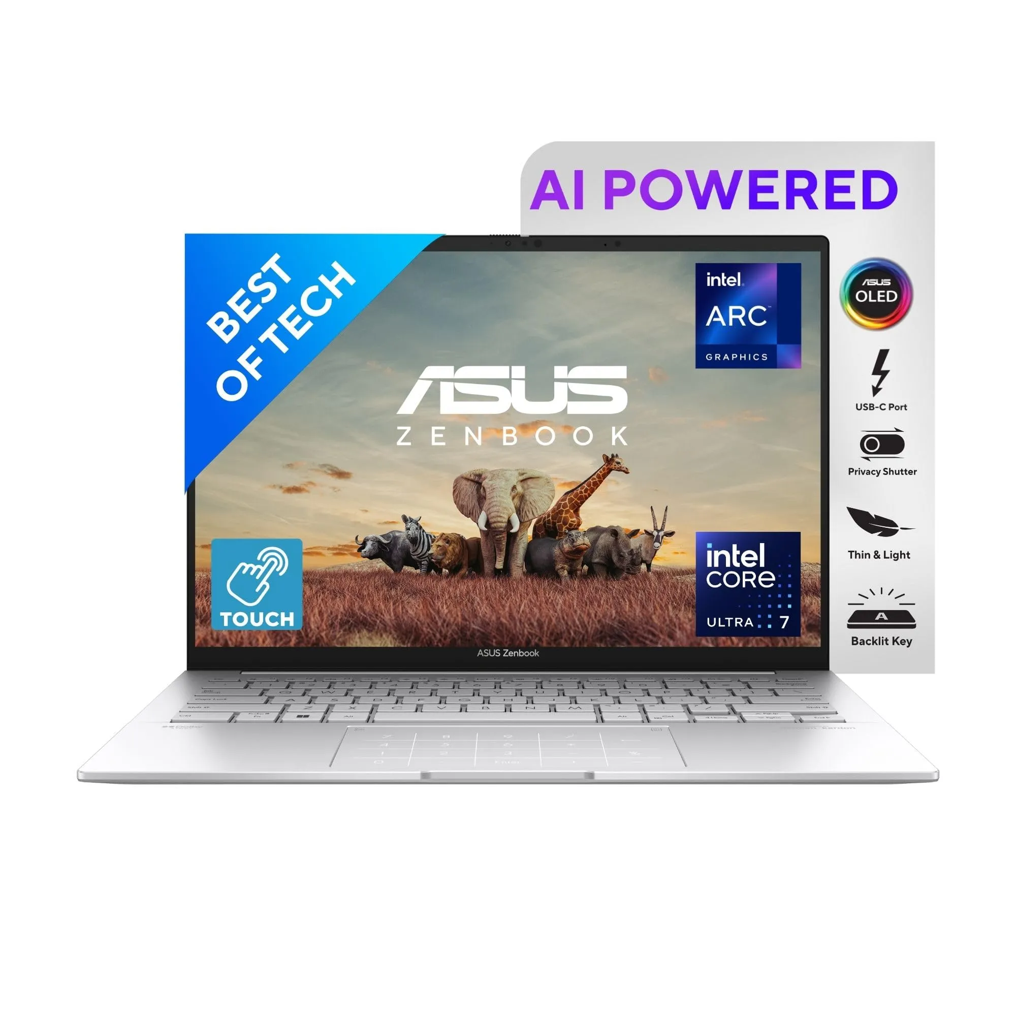 ASUS Zenbook 14, Intel Core Ultra 7, 14" 3K OLED 16:10 120 Hz, Thin & Light Laptop, Built-in AI (16GB RAM/1 TB//Win 11/Office 2021/Backlit/Touchscreen/75WHr /Foggy Silver/1.28 Kg), UX3405MA-PZ751WS