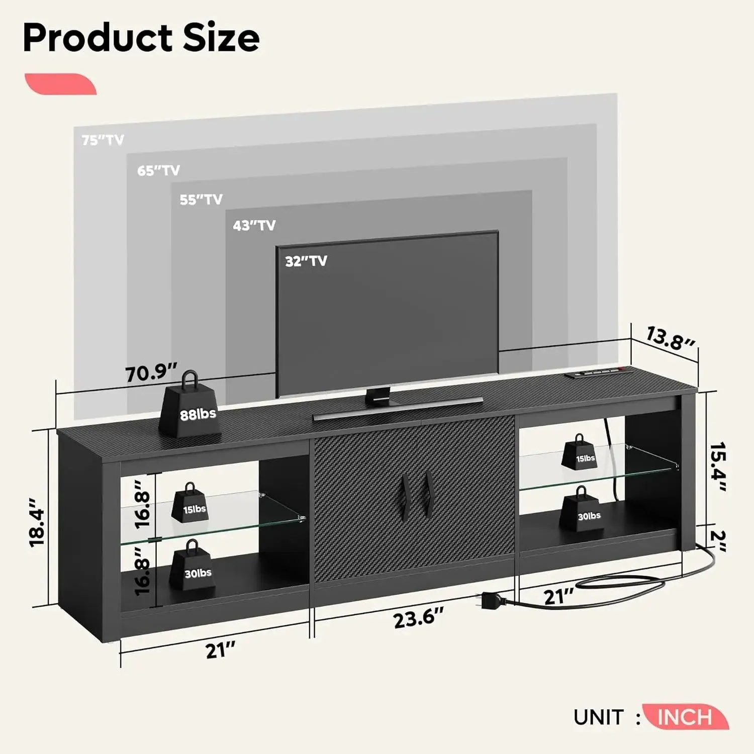 Bestier 70/80 Inch TV Stand with LED Lights for 75/80/85 Inch TV