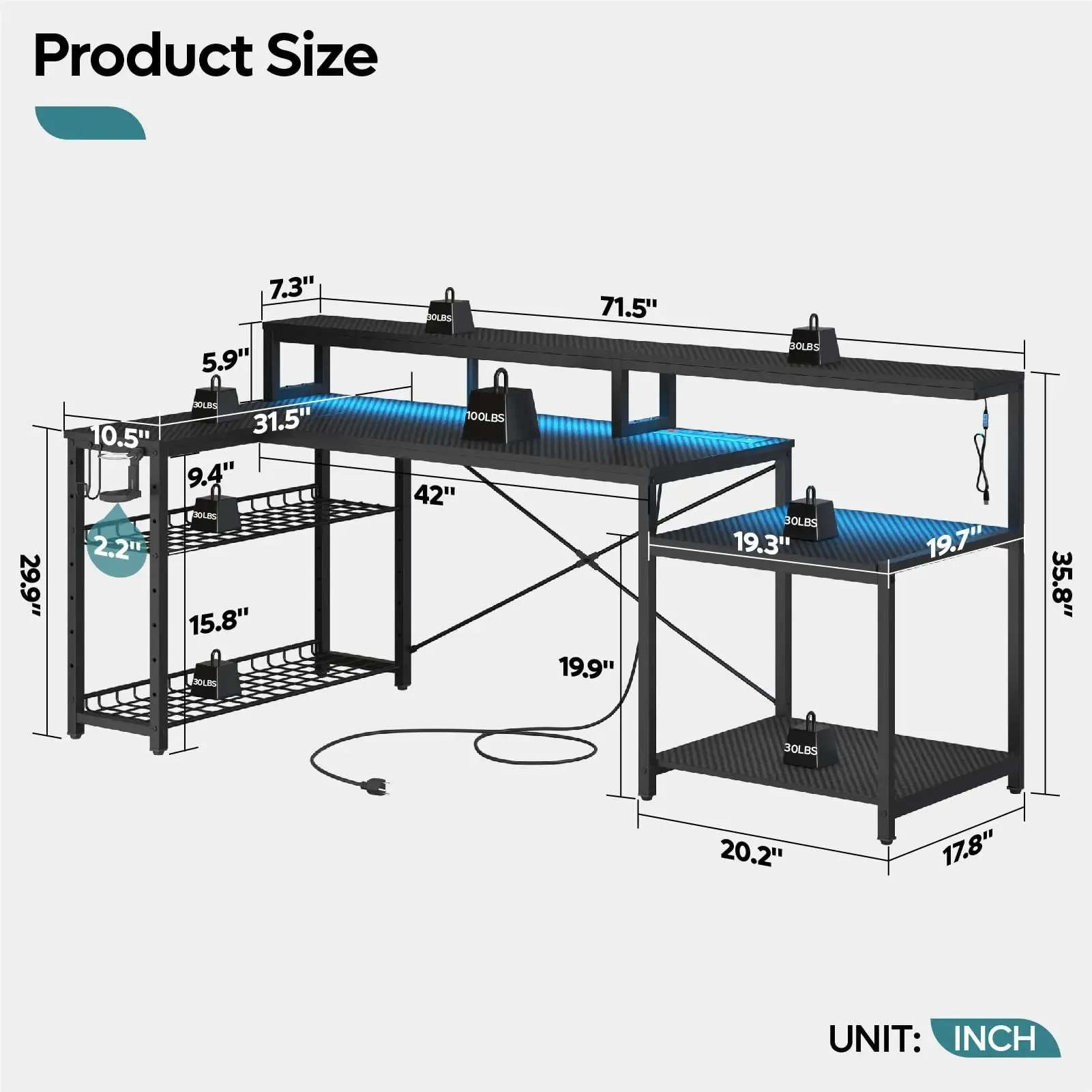 Bestier 71.5'' L Shaped Gaming Desk with Led Lights