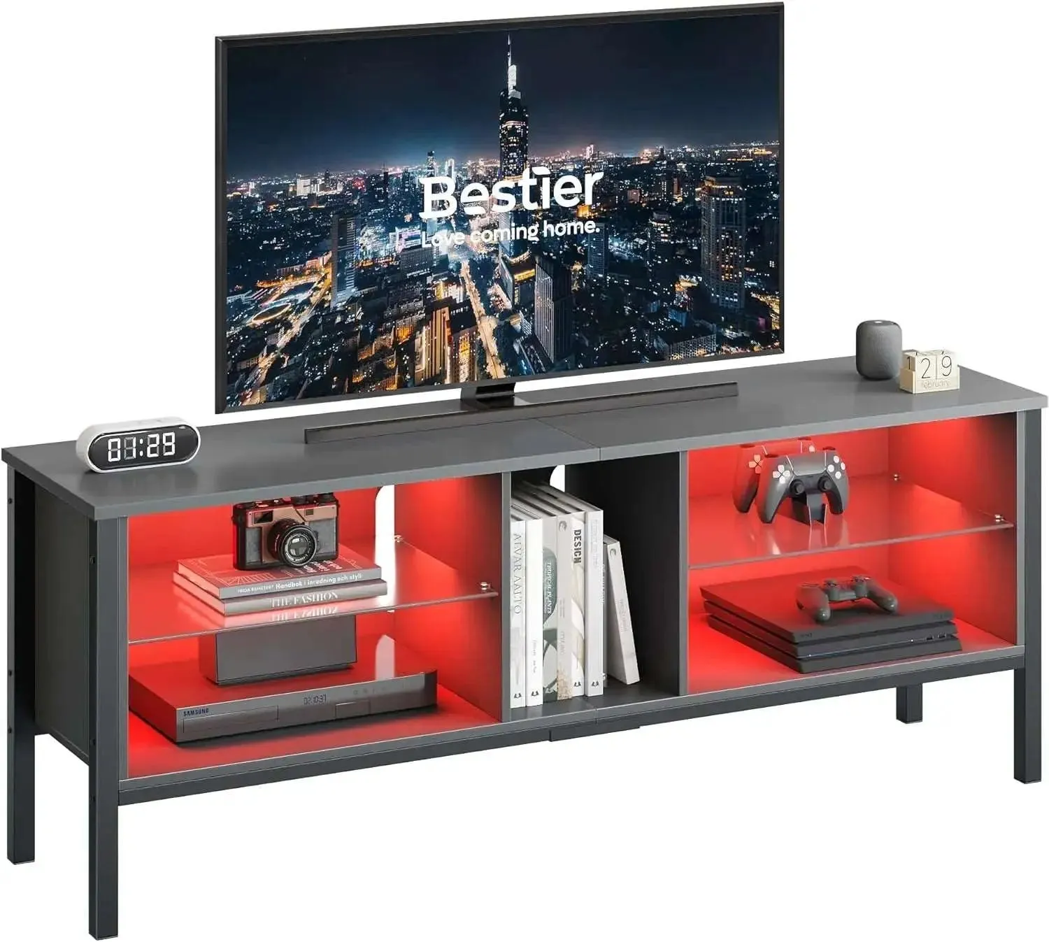 Bestier Gaming TV Stand for 70 Inch TV, Gaming Entertainment Center with LED Lights for PS4