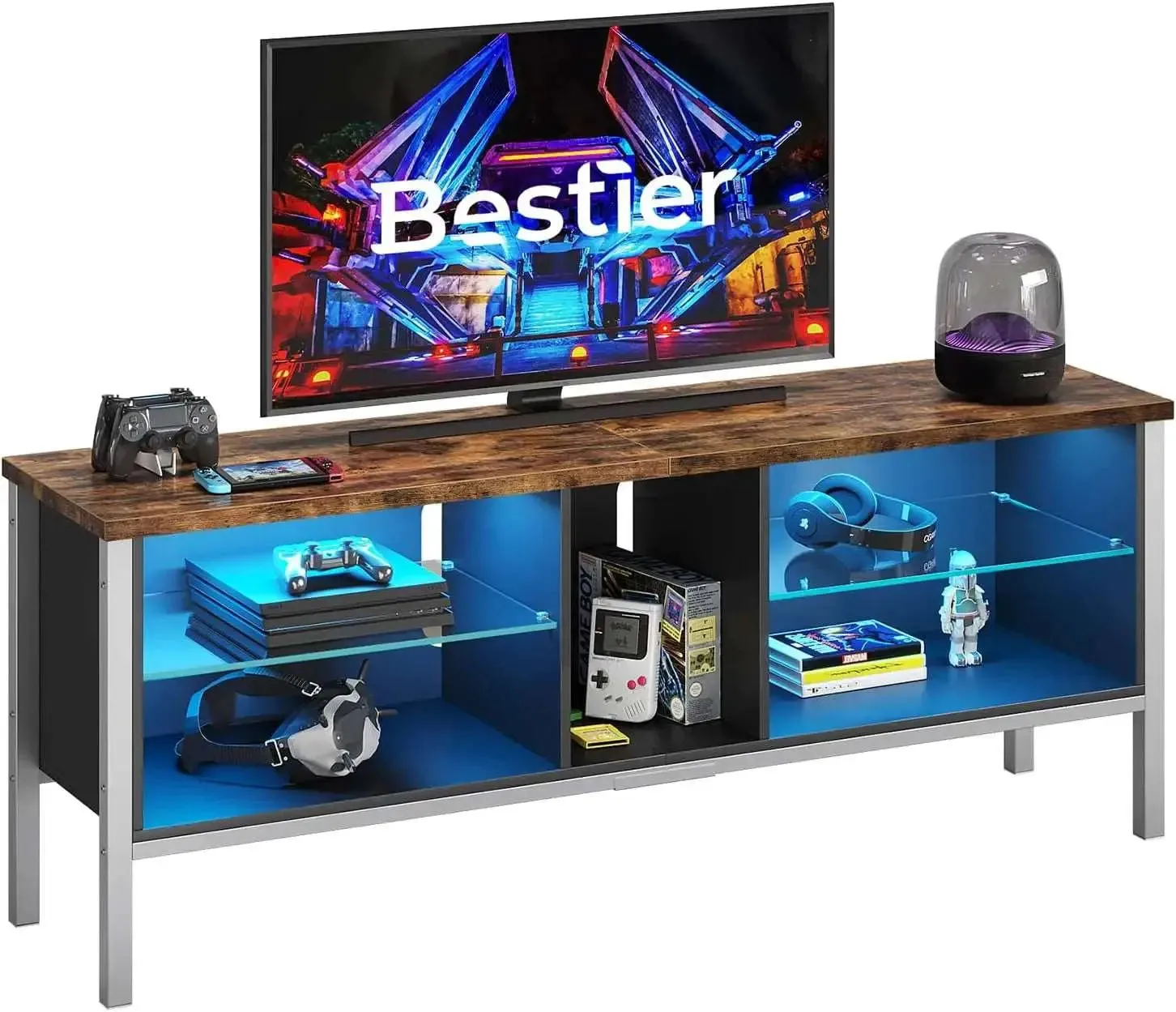 Bestier Gaming TV Stand for 70 Inch TV, Gaming Entertainment Center with LED Lights for PS4