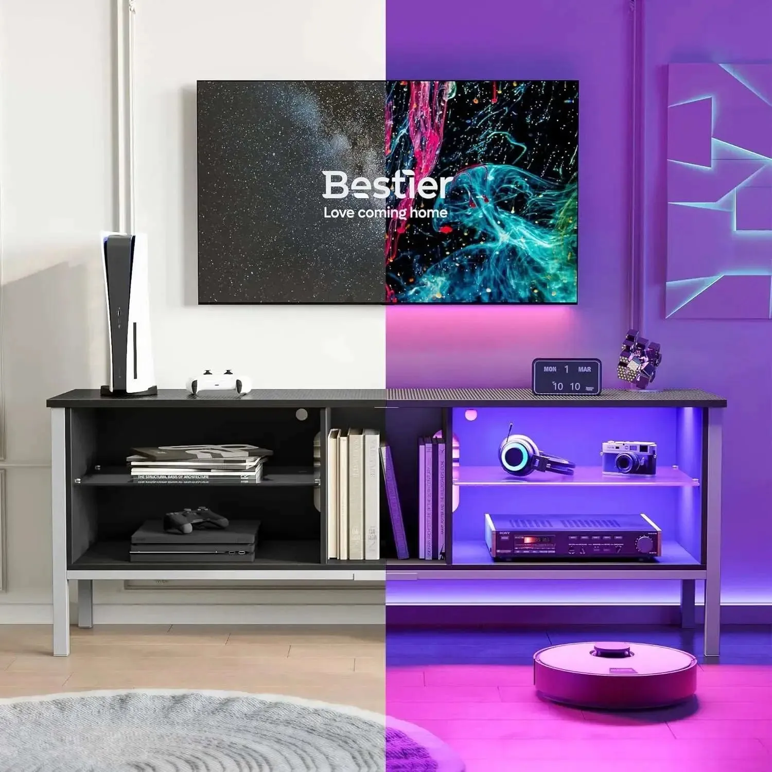 Bestier Gaming TV Stand for 70 Inch TV, Gaming Entertainment Center with LED Lights for PS4