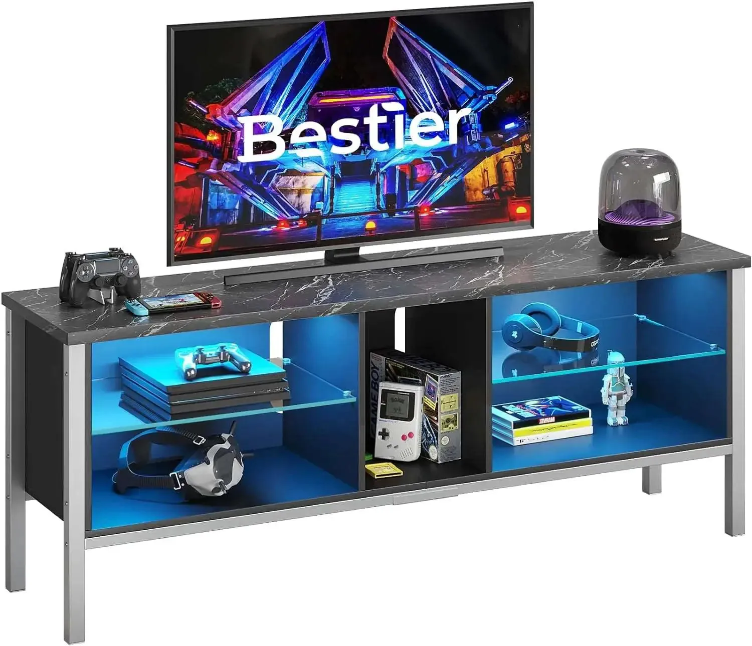 Bestier Gaming TV Stand for 70 Inch TV, Gaming Entertainment Center with LED Lights for PS4