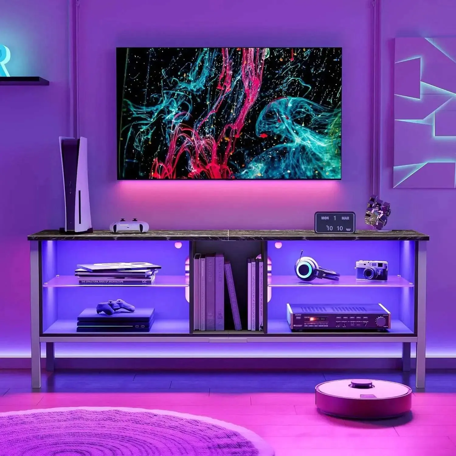 Bestier Gaming TV Stand for 70 Inch TV, Gaming Entertainment Center with LED Lights for PS4