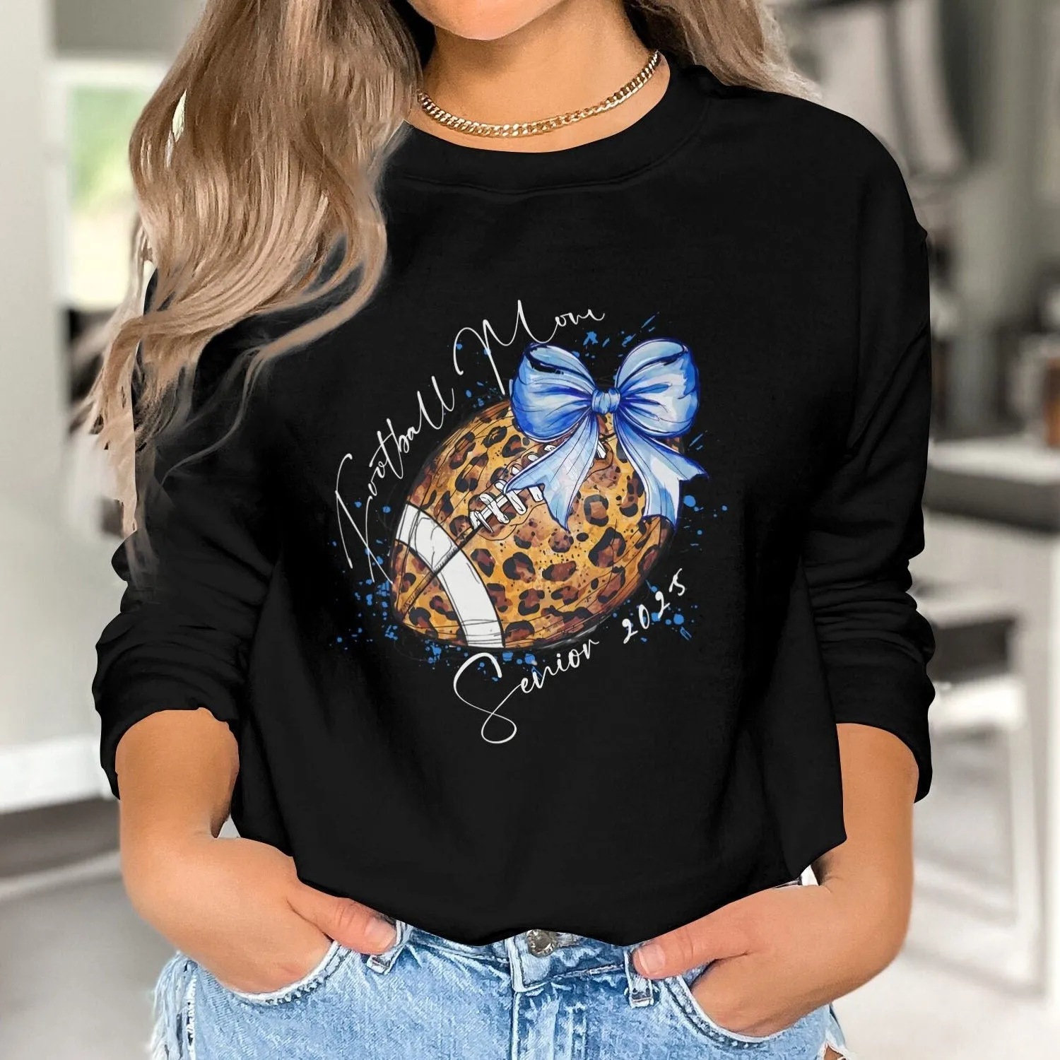 Blue Cute Leopard Print, Football with Color Bow Design, T-Shirt for Senior Mom, Football Season Moms, Game Day Tee, Senior Mama Mother