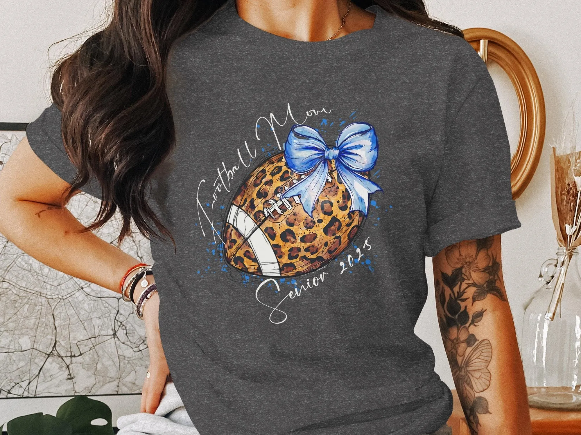 Blue Cute Leopard Print, Football with Color Bow Design, T-Shirt for Senior Mom, Football Season Moms, Game Day Tee, Senior Mama Mother