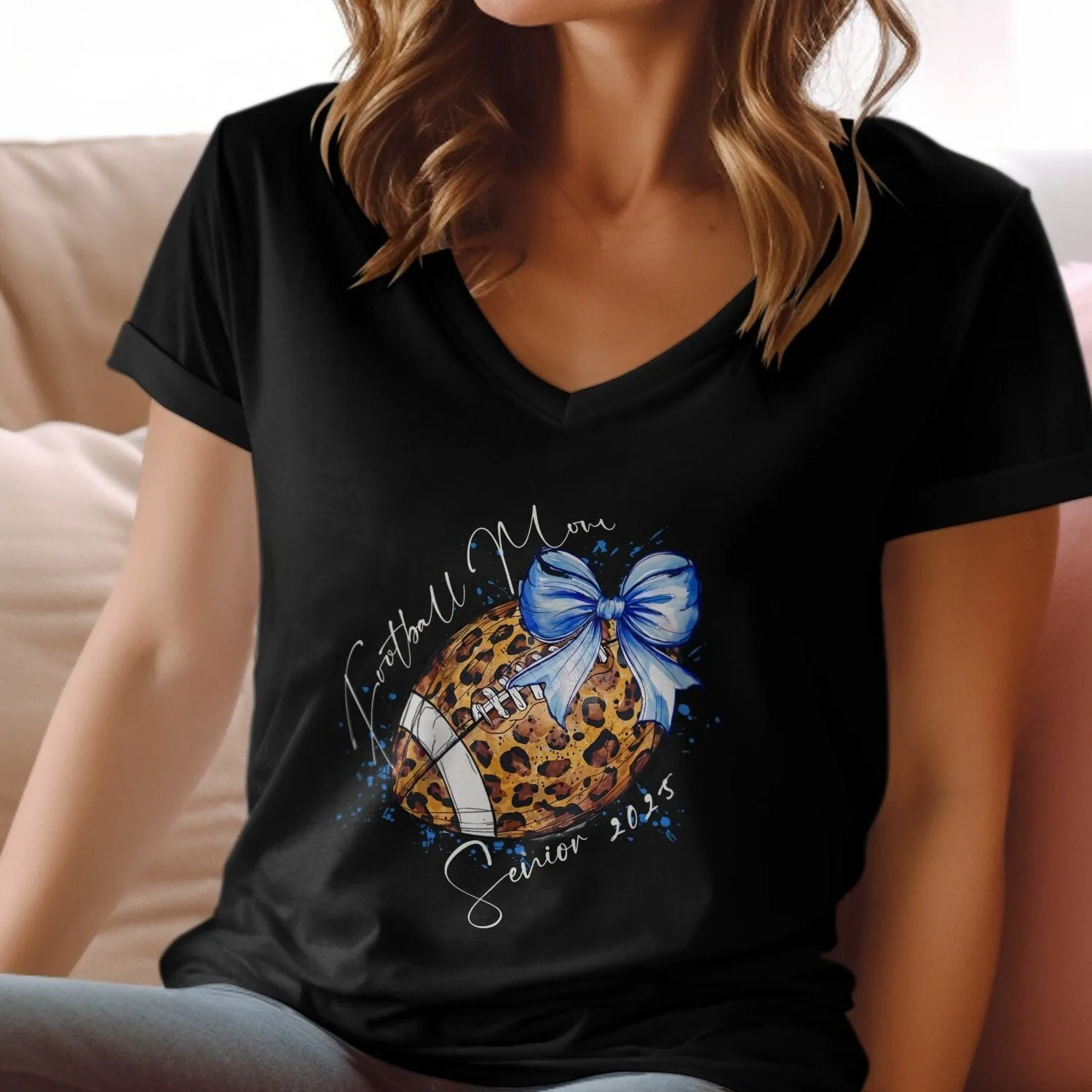 Blue Cute Leopard Print, Football with Color Bow Design, T-Shirt for Senior Mom, Football Season Moms, Game Day Tee, Senior Mama Mother