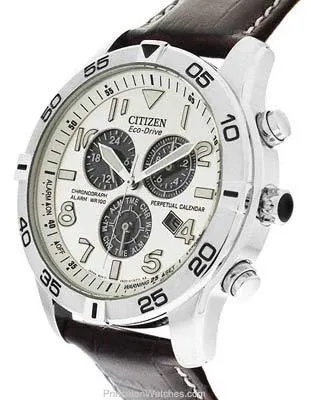 Citizen Eco-Drive Mens Perpetual Calendar Chrono - Silver-Tone Dial - Leather