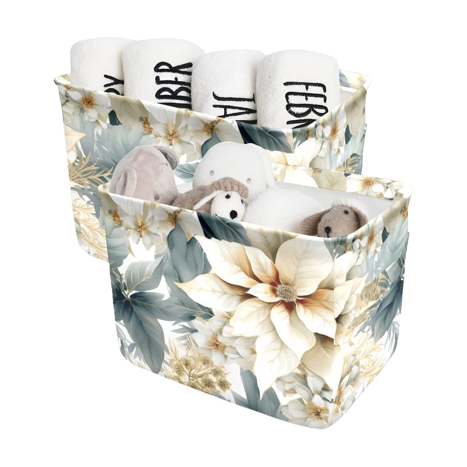 Cream Poinsettia Fabric Storage Basket