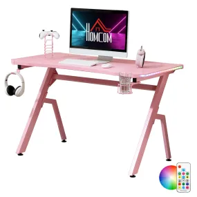 Gaming Desk Racing Style Home Office Ergonomic Computer Table Workstation with RGB LED Lights, Controller Rack & Cable Management, Pink