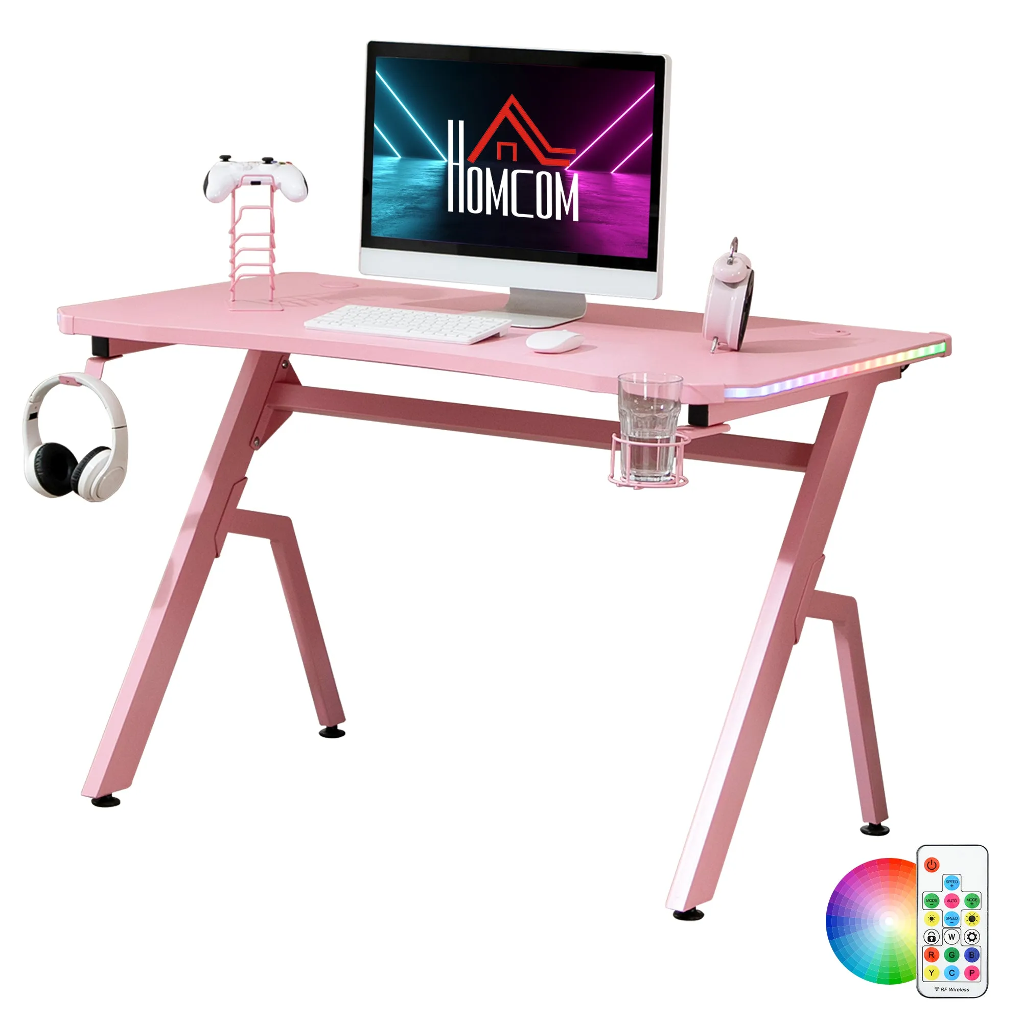 Gaming Desk Racing Style Home Office Ergonomic Computer Table Workstation with RGB LED Lights, Controller Rack & Cable Management, Pink