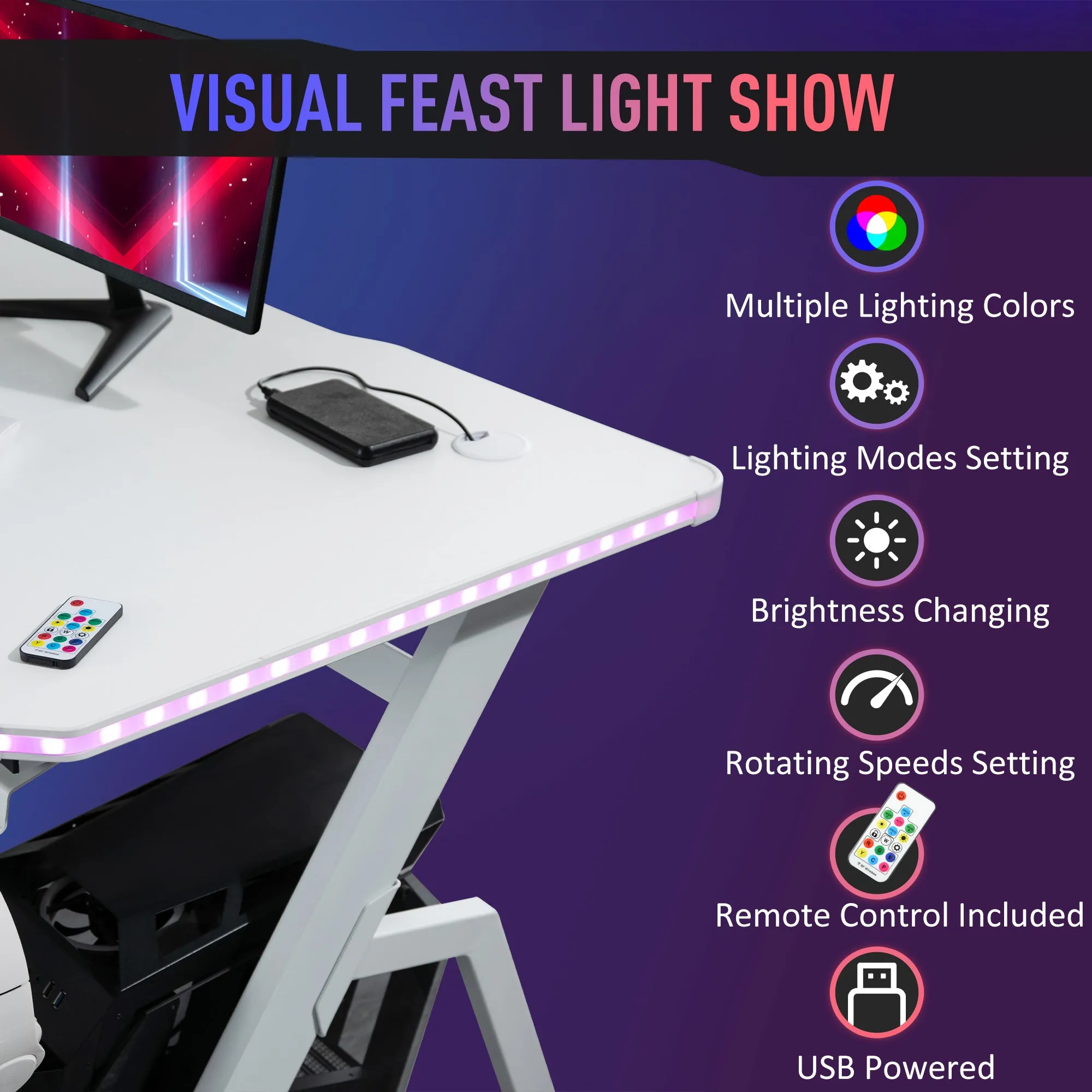 Gaming Desk Racing Style Home Office Ergonomic Computer Table Workstation with RGB LED Lights, Hook, Cup Holder, Controller Rack, White