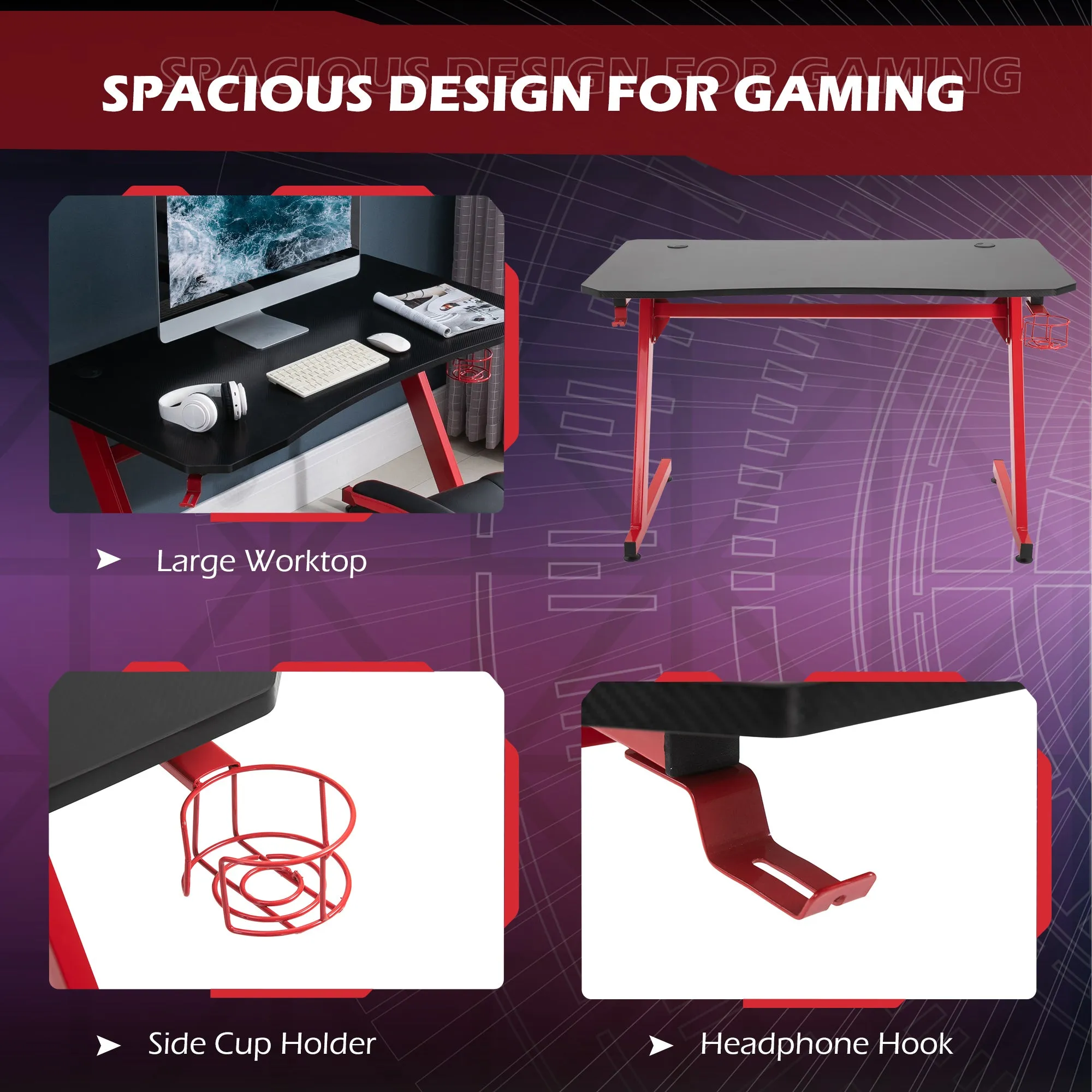 Gaming Desk Steel Frame w/ Cup Headphone Holder Adjustable Feet Cable Organiser Home Office Computer Table Red