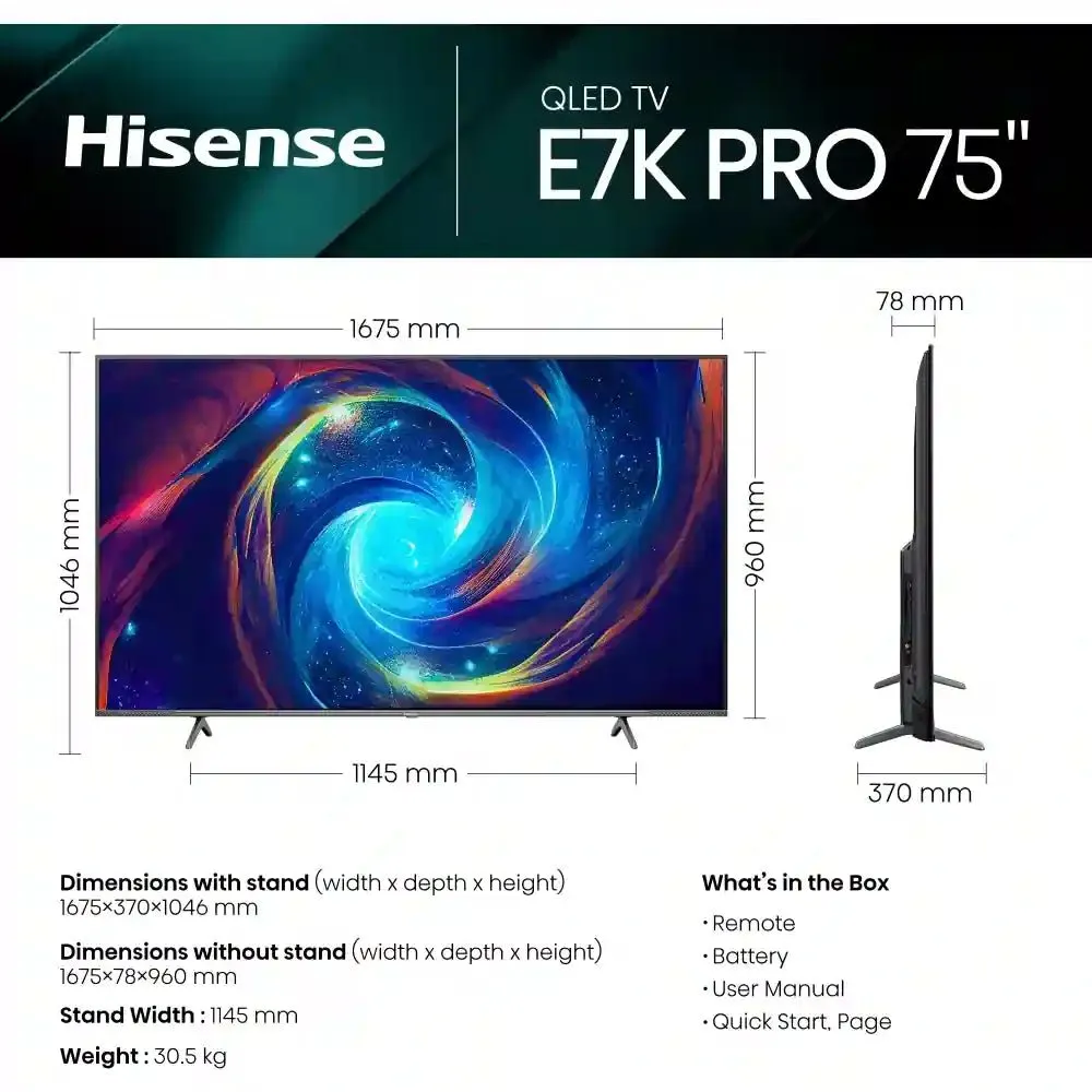 Hisense E7 Pro Series 75E7KQTUK PRO 75" 4K Ultra HD QLED Smart TV - Grey