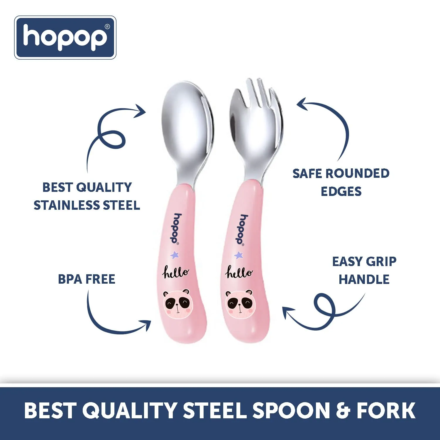 Hopop Spoon & Fork with Travel Case For Babies - Pink 6m 