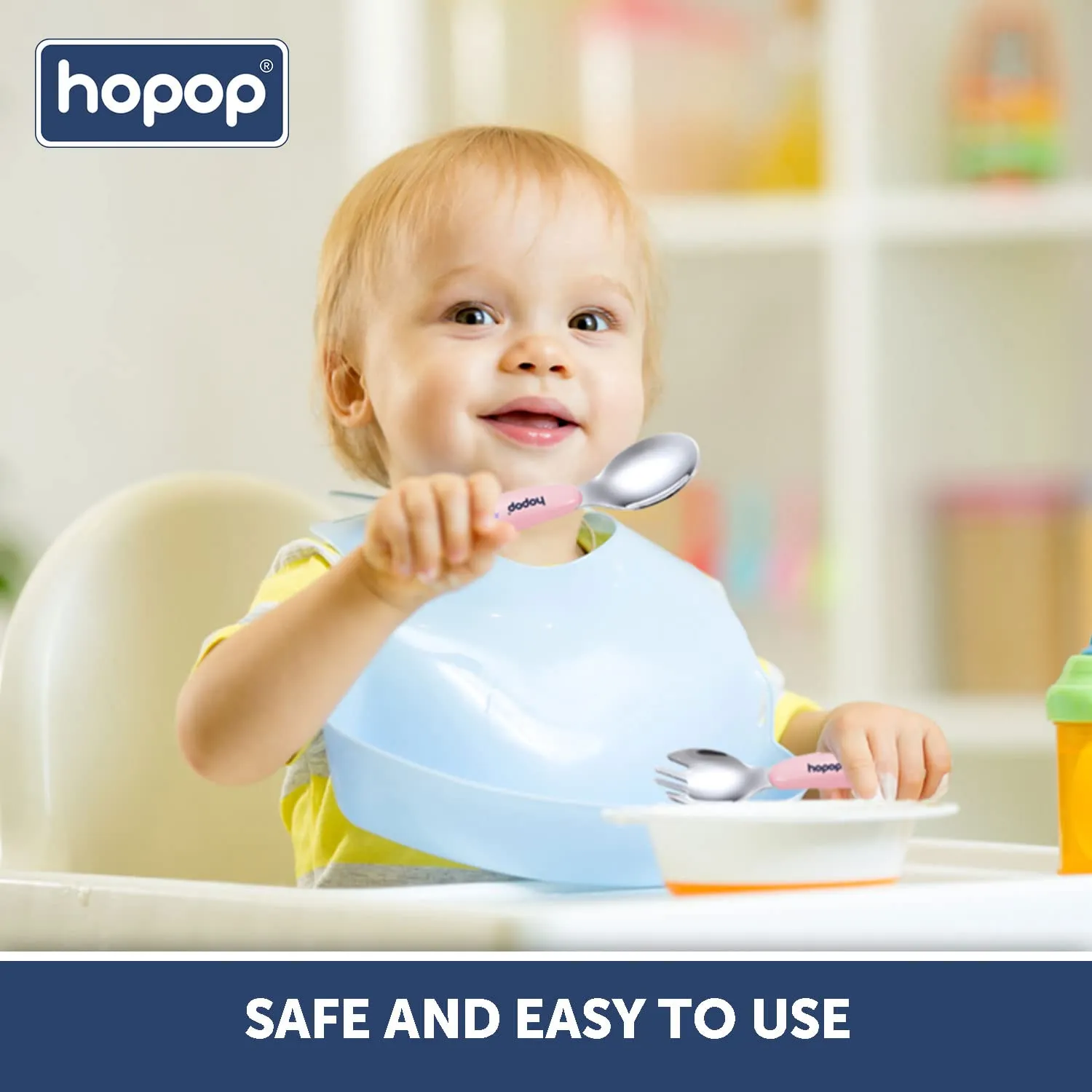 Hopop Spoon & Fork with Travel Case For Babies - Pink 6m 