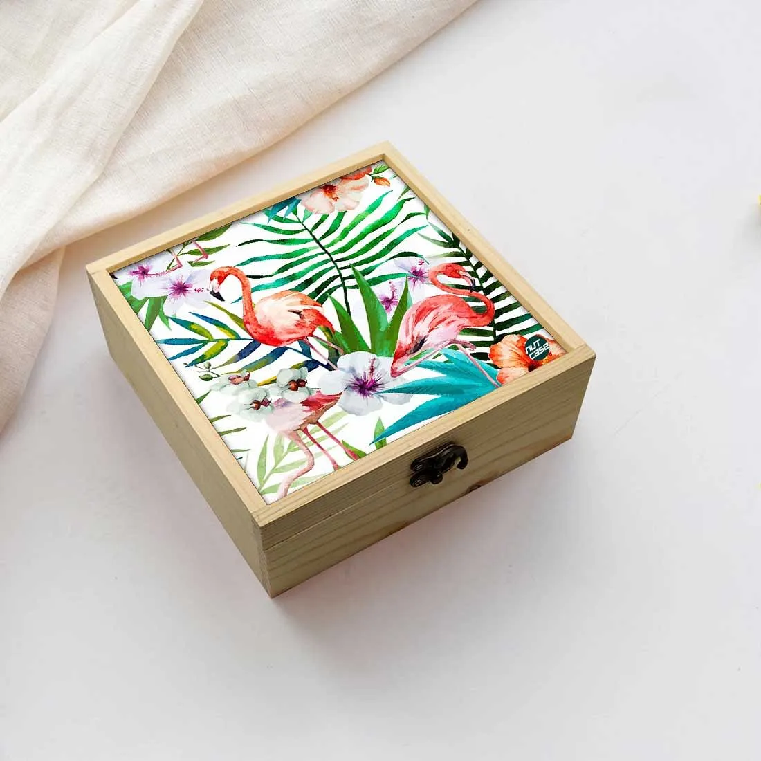 Jewellery Box Makepup Organizer -  Flamingoes With Leaves