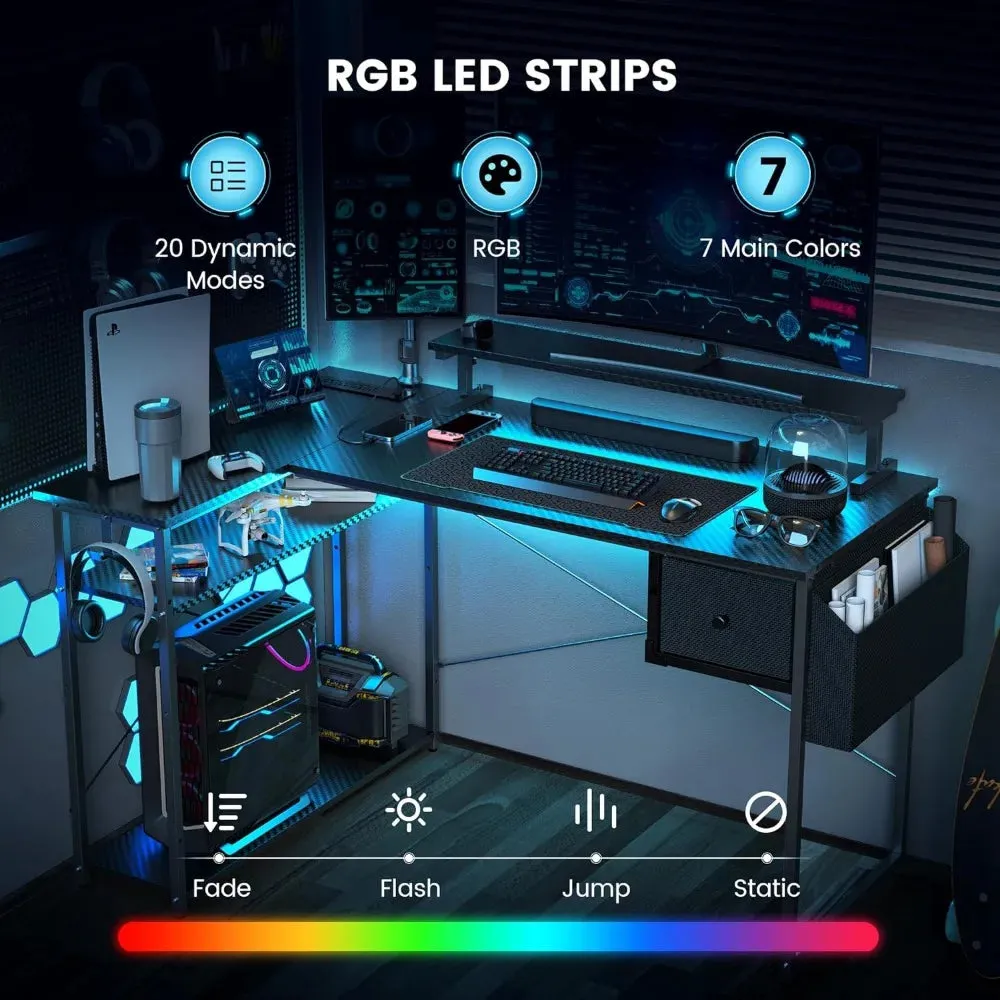 L Shaped Modern Gamming Desk, 47 inch Computer Desk with LED Lights & Adjustable Stand, Power Outlets & Storage Drawer