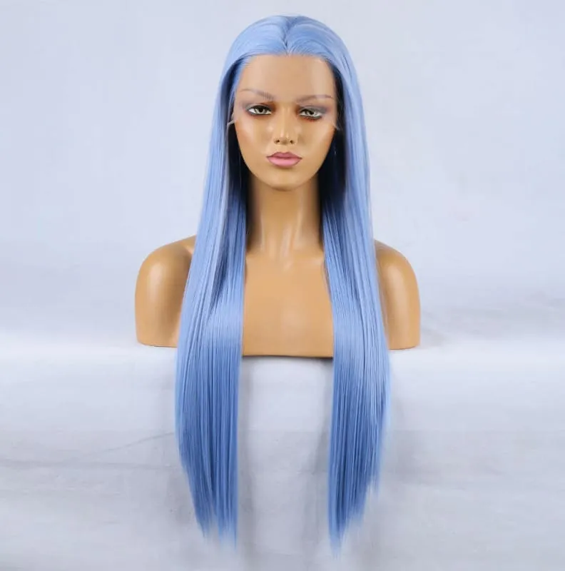 Light Blue Long Hair Wig with Chemical Fiber Lace Front