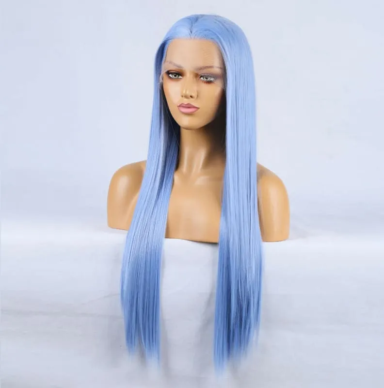 Light Blue Long Hair Wig with Chemical Fiber Lace Front