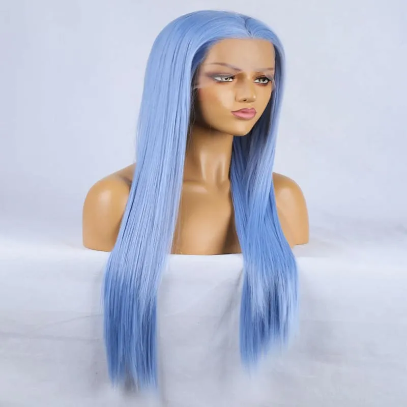 Light Blue Long Hair Wig with Chemical Fiber Lace Front