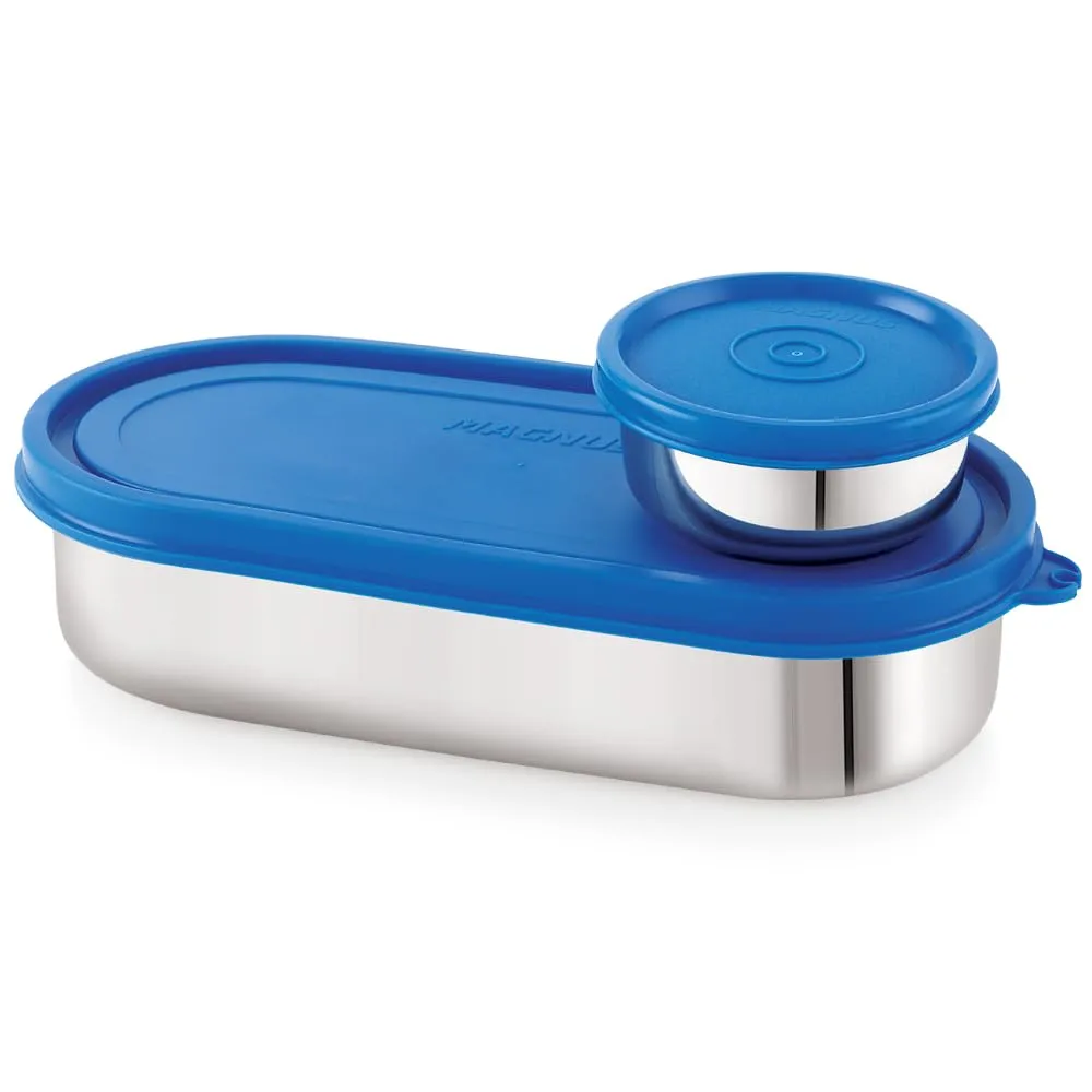 Magnus Easy Lock S S Deep Prime Oval & Chocolate Container, Airtight & Leakproof Lid ,Tiffin For School, Office,Picnic, Ideal lunch boxes for Men, Women and Kids (Blue,100ml,780ml)