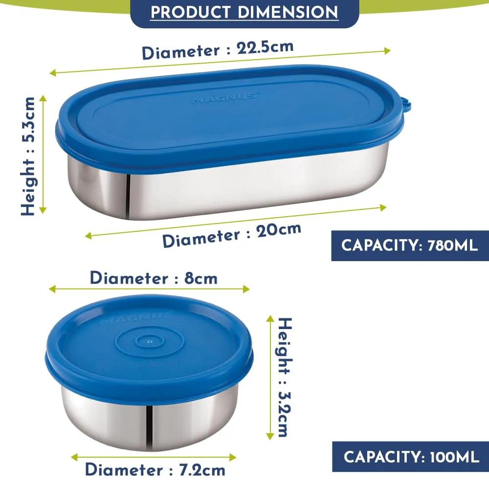 Magnus Easy Lock S S Deep Prime Oval & Chocolate Container, Airtight & Leakproof Lid ,Tiffin For School, Office,Picnic, Ideal lunch boxes for Men, Women and Kids (Blue,100ml,780ml)