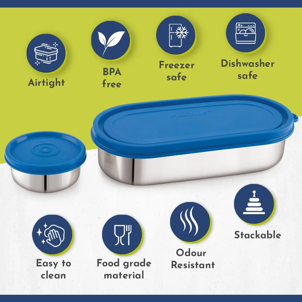 Magnus Easy Lock S S Deep Prime Oval & Chocolate Container, Airtight & Leakproof Lid ,Tiffin For School, Office,Picnic, Ideal lunch boxes for Men, Women and Kids (Blue,100ml,780ml)