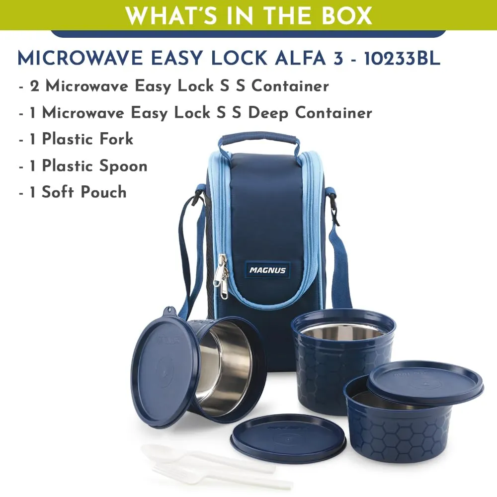 Magnus Microwave Easy Lock Alfa-3 Stainless Steel Lunch Box Set with Leak-Proof Containers & Insulated Bag - Air-Tight Lunch Box for Kids, Ideal Lunch Boxes for Office Men, Women - Blue