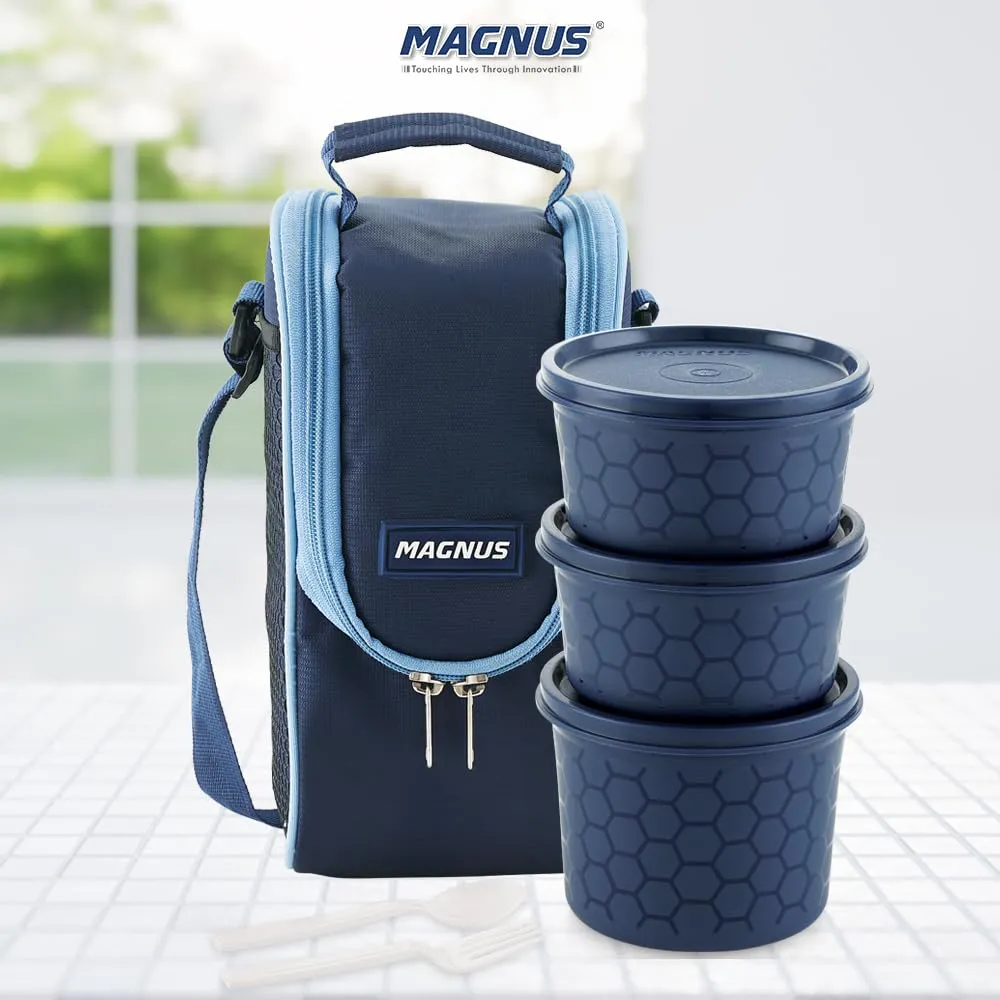 Magnus Microwave Easy Lock Alfa-3 Stainless Steel Lunch Box Set with Leak-Proof Containers & Insulated Bag - Air-Tight Lunch Box for Kids, Ideal Lunch Boxes for Office Men, Women - Blue