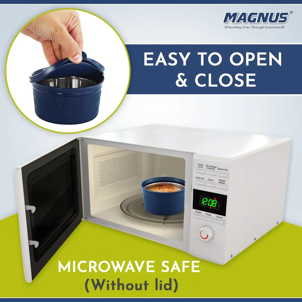 Magnus Microwave Easy Lock Alfa-3 Stainless Steel Lunch Box Set with Leak-Proof Containers & Insulated Bag - Air-Tight Lunch Box for Kids, Ideal Lunch Boxes for Office Men, Women - Blue