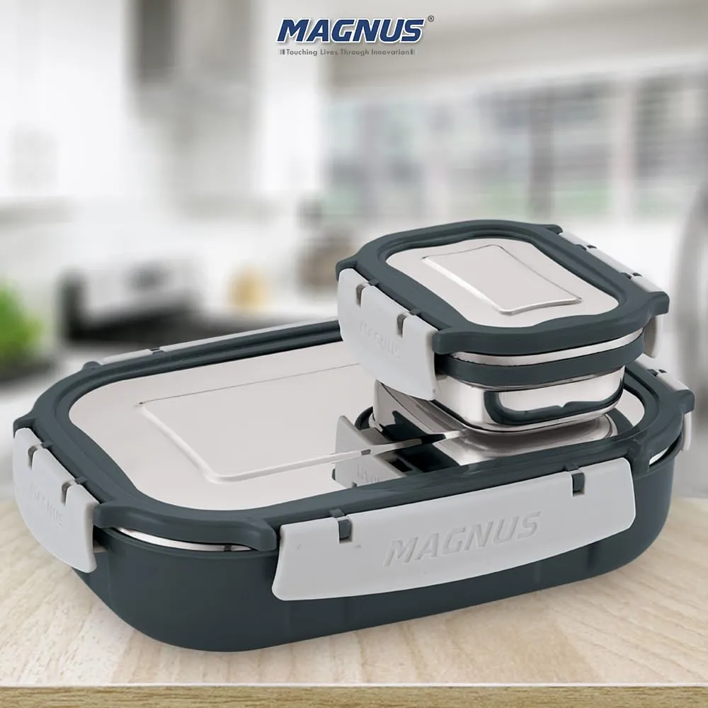 Magnus Spike Lunch Box SS Deluxe (Grey) - Stainless Steel Office Lunchbox Set with 800ml & 150ml Leakproof Containers for Men, Women, Kids - Tiffin for School, Picnic, Airtight & Insulated