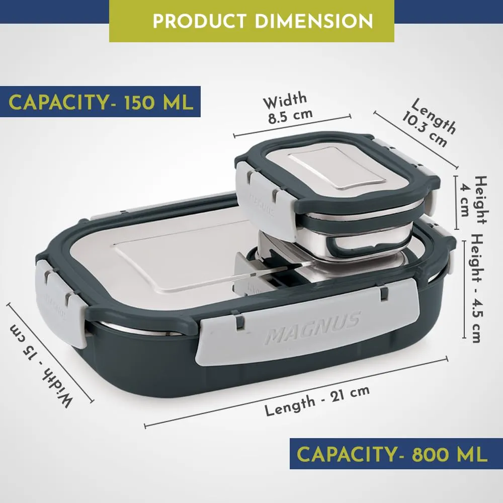 Magnus Spike Lunch Box SS Deluxe (Grey) - Stainless Steel Office Lunchbox Set with 800ml & 150ml Leakproof Containers for Men, Women, Kids - Tiffin for School, Picnic, Airtight & Insulated