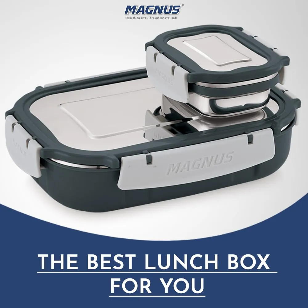 Magnus Spike Lunch Box SS Deluxe (Grey) - Stainless Steel Office Lunchbox Set with 800ml & 150ml Leakproof Containers for Men, Women, Kids - Tiffin for School, Picnic, Airtight & Insulated