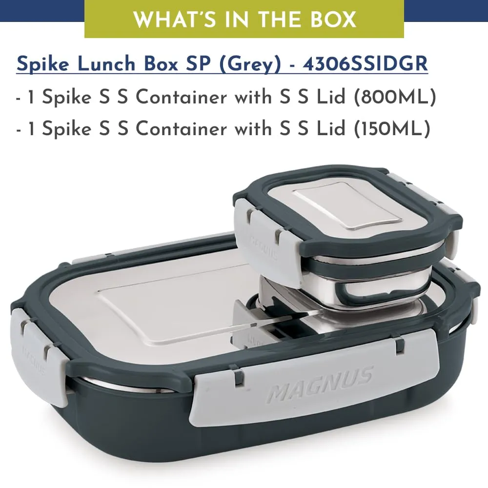 Magnus Spike Lunch Box SS Deluxe (Grey) - Stainless Steel Office Lunchbox Set with 800ml & 150ml Leakproof Containers for Men, Women, Kids - Tiffin for School, Picnic, Airtight & Insulated