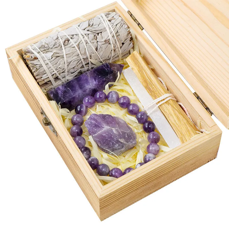 Natural Crystal Amethyst Wooden Box Set Gift Box