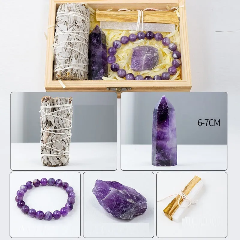 Natural Crystal Amethyst Wooden Box Set Gift Box