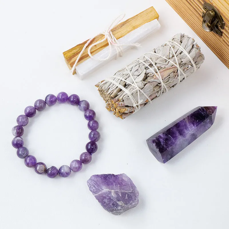 Natural Crystal Amethyst Wooden Box Set Gift Box