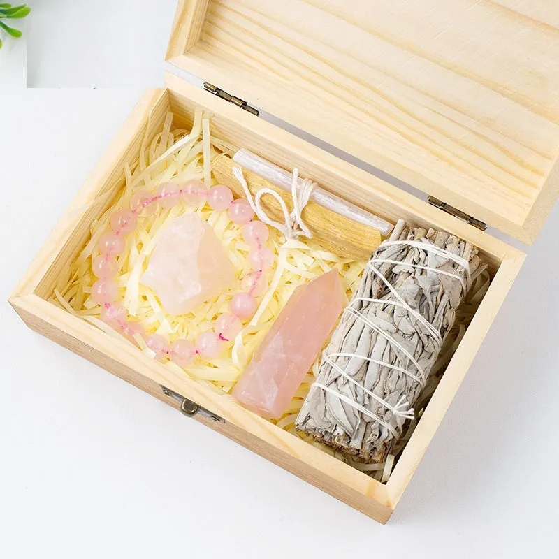 Natural Crystal Amethyst Wooden Box Set Gift Box