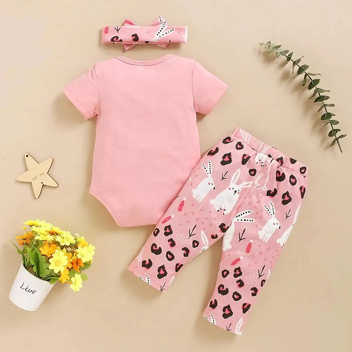 Newborn Baby Girls Romper Set Lovely Rabbit Print Romper Pants with