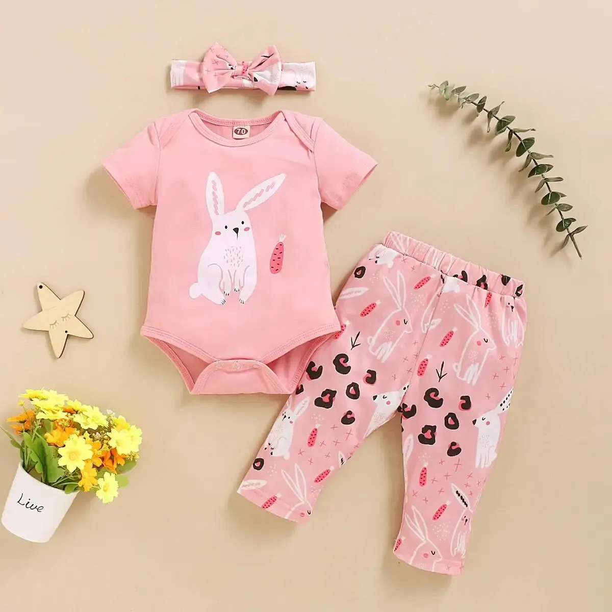 Newborn Baby Girls Romper Set Lovely Rabbit Print Romper Pants with