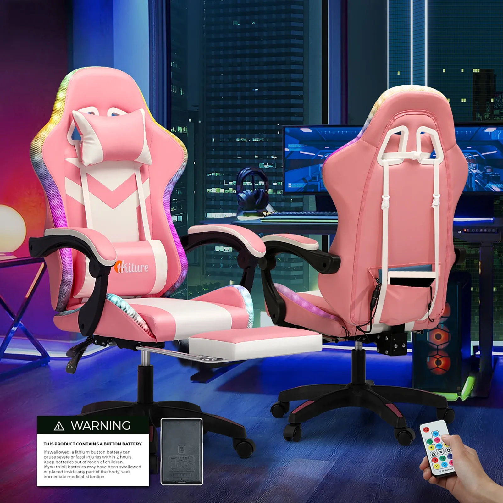 Oikiture Gaming Chair 7 RGB LED 8 Points Massage Racing Recliner Office Computer